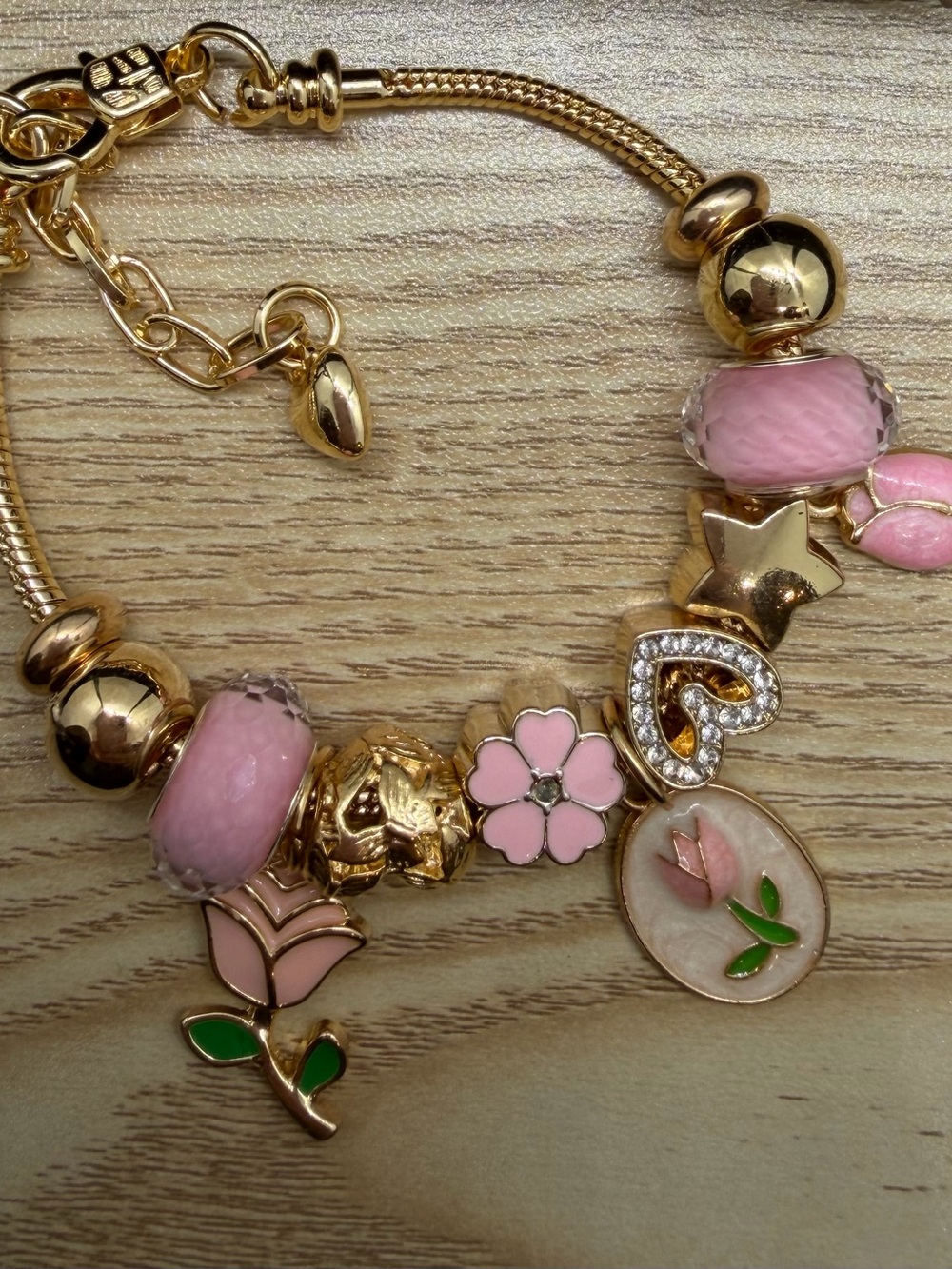 Gold-Plated Pink Floral Charm Bracelet
